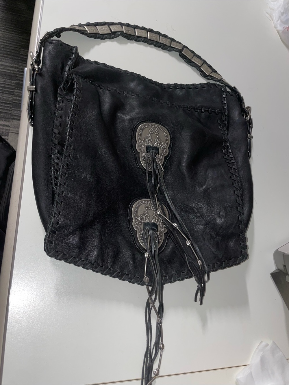 Thomas Wylde Black Leather Fringe Shoulder Bag with Skull Metal Accents
